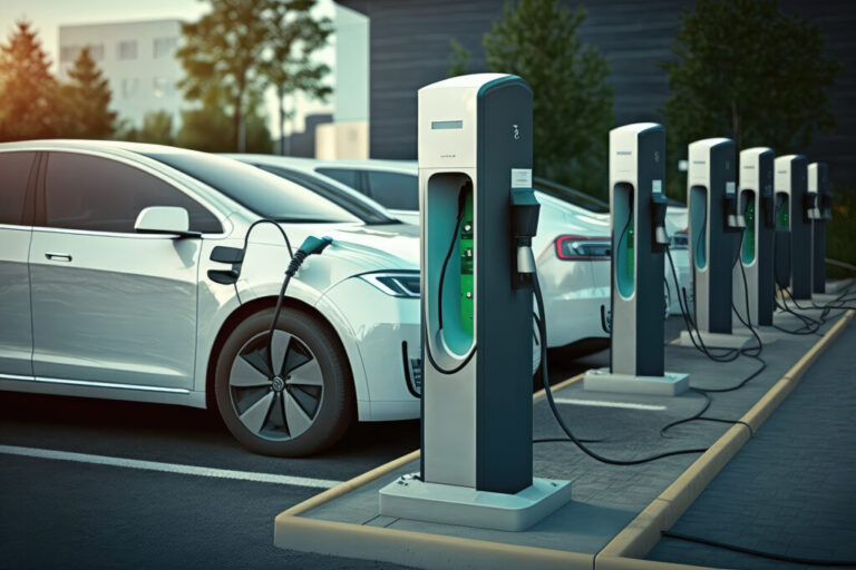 electric car charging station, with multiple cars plugged in and charging